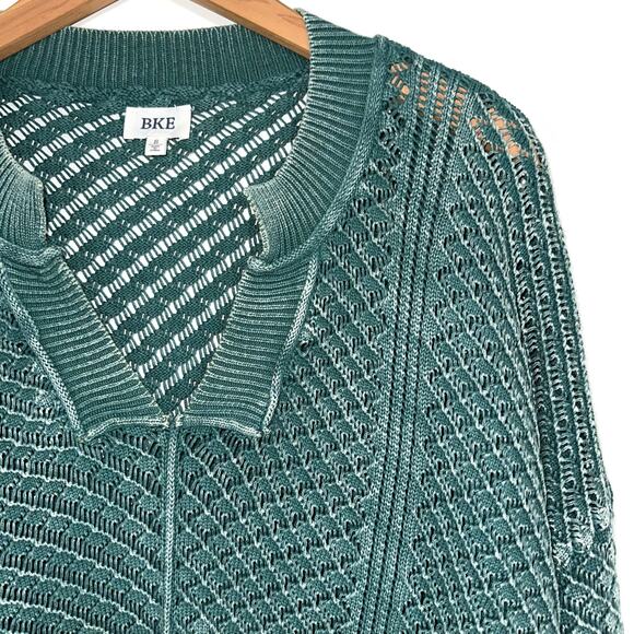 BKE Washed Notch Neck Oversized Cotton Open Weave Jasper Green Sweater Size S - Picture 5 of 14